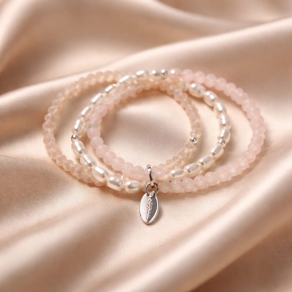 3fach-Armband Süsswasserperle Rosenquarz